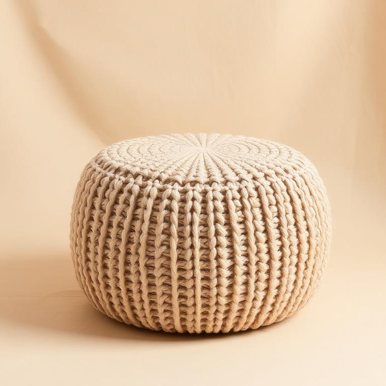 Hand-Woven Beige Pouf